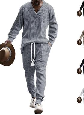 2025秋季欧美男士套装休闲长裤V领百搭提花针织衫潮Men