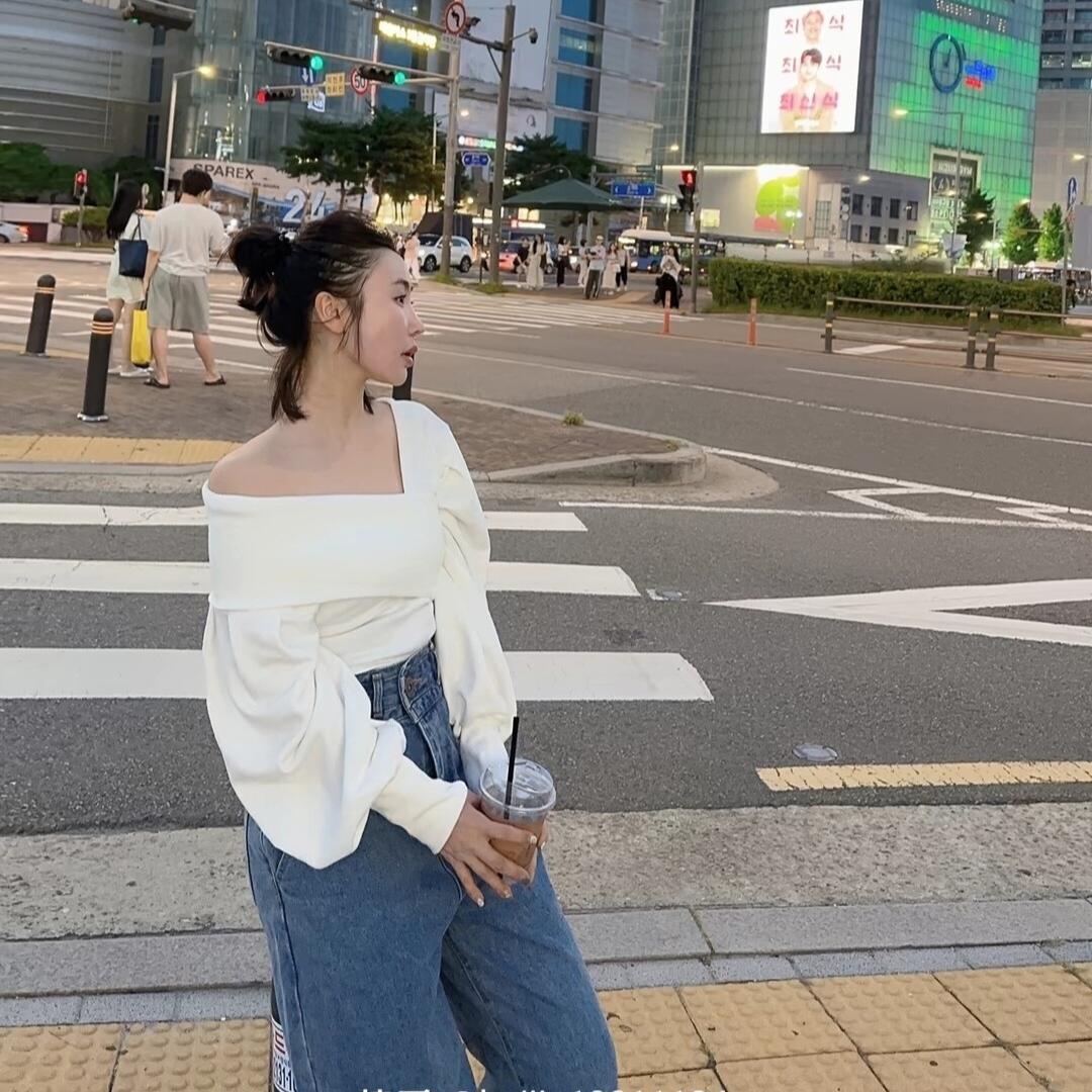 欧货2024秋季新款韩版百搭v领修身显瘦露肩衫女网红同款时尚衬衫
