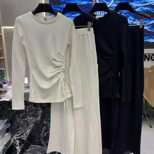 慵懒风抽绳收腰长袖上衣+阔腿裤