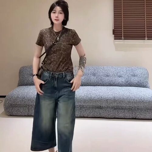 韩系复古水洗阔腿牛仔裤高腰显瘦