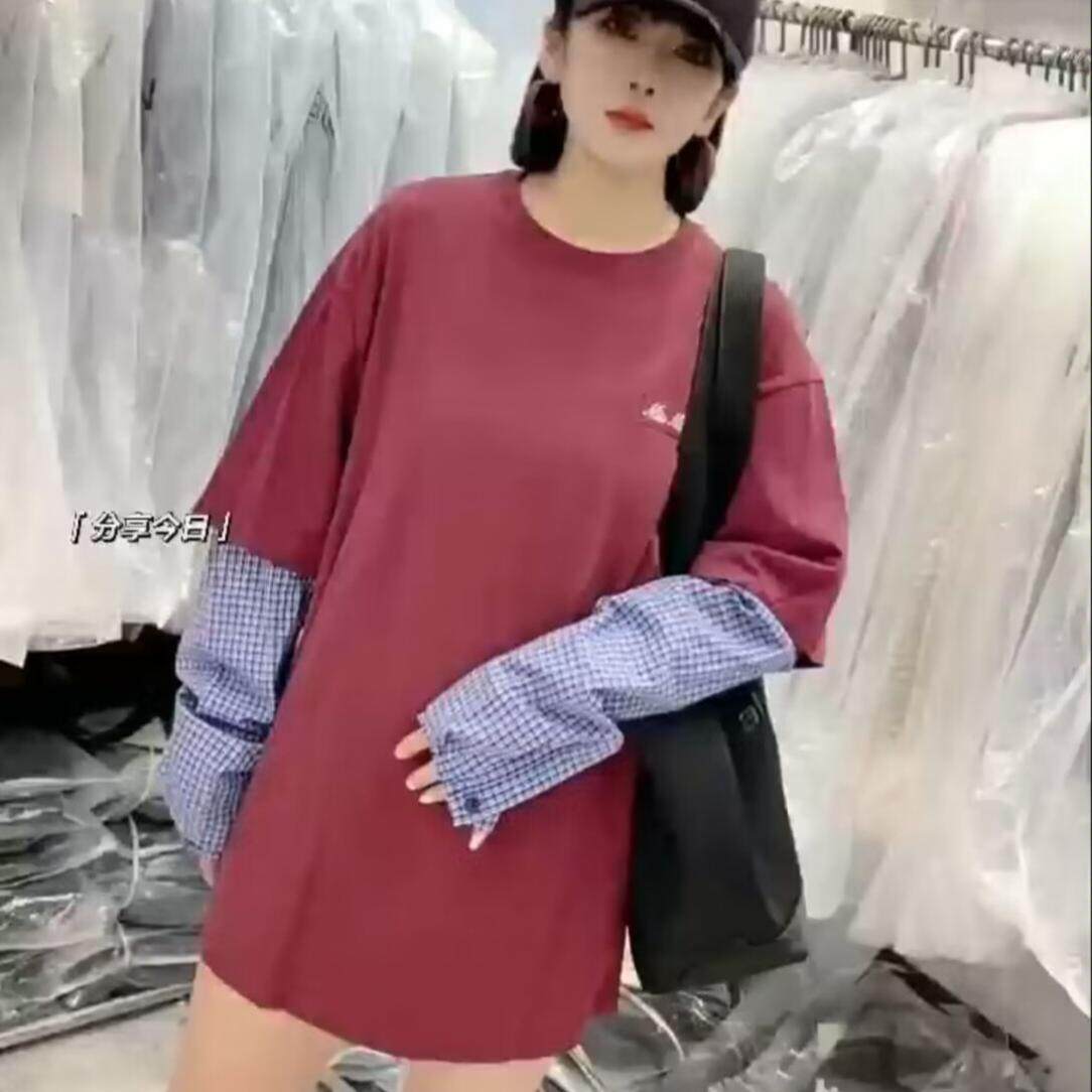 中长款圆领拼接格子显瘦T恤