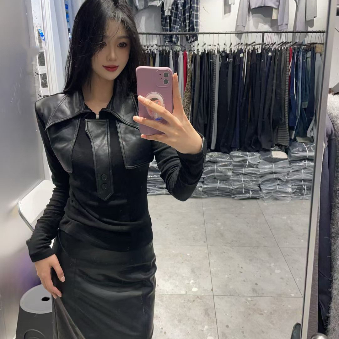 百搭修身显瘦拼接上衣+皮裙套装