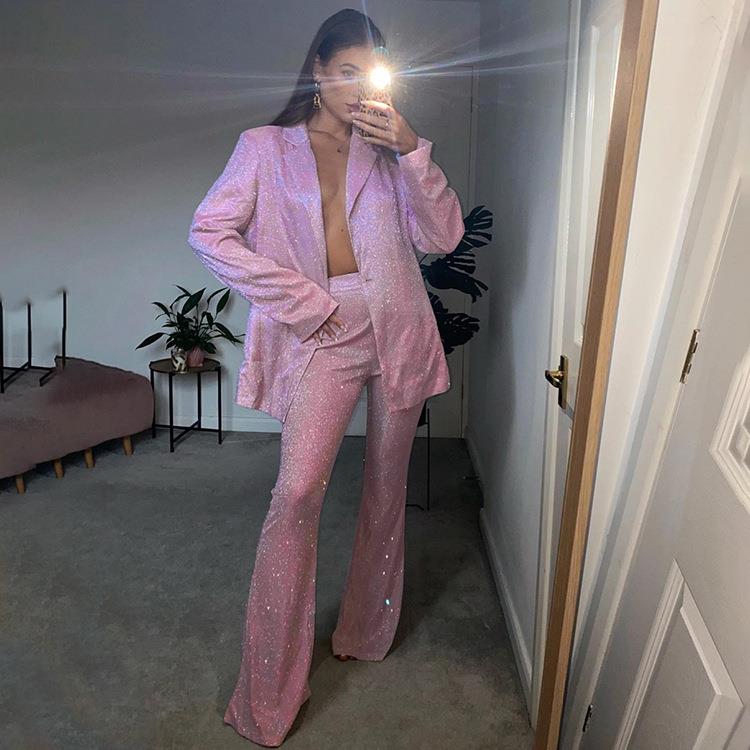 ladies suit女装夜店吊带背心修身直筒高腰裤闪光外套西装三套装