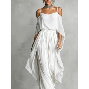 wide-legpants suit欧美新款女时尚不规则雪纺露肩吊带阔腿裤套装
