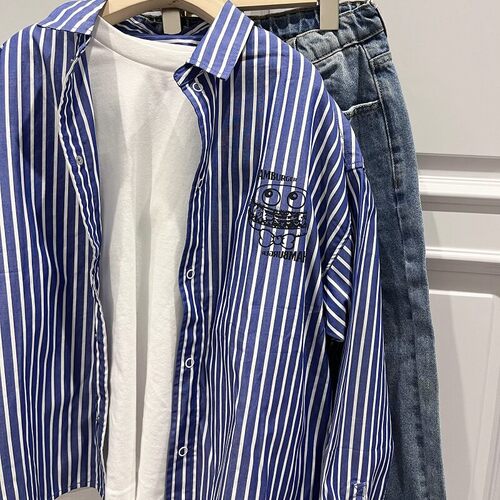 GC童装新款 日系牛仔蓝竖条纹纯棉衬衫儿童上衣汉堡复古百搭外套