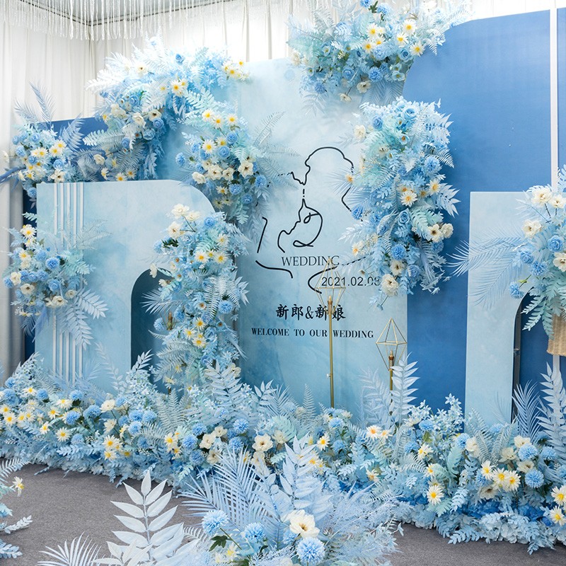 新款婚庆蓝色花艺角花排花路引花婚礼舞台t台迎宾区装饰布置点花