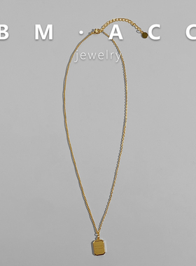 欧美金色小方块牌项链女轻奢小众高级感叠戴毛衣链大气锁骨链高档