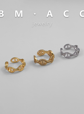 轻奢金银色猪鼻子满钻开口女戒