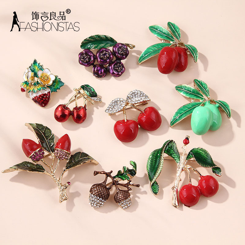 个性时尚原创设计滴油彩色樱桃橄榄草莓水果胸针丝巾扣饰品女配饰