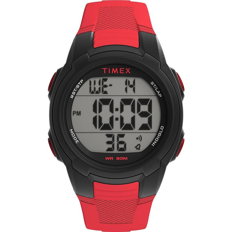 Timex天美时男士腕表计时夜光日期秒表红色塑料防水数码运动