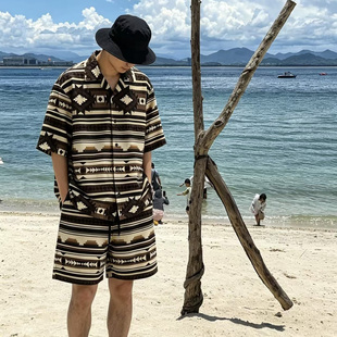 纳瓦霍阿美咔叽重磅纯棉短袖衬衫短裤男 美式复古民族风宽松衬衣