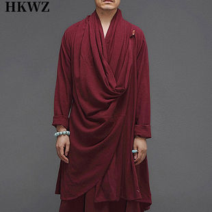 HKWZ古装僧服打坐居士服春秋新款中国风男装套装亚麻披风棉麻禅服