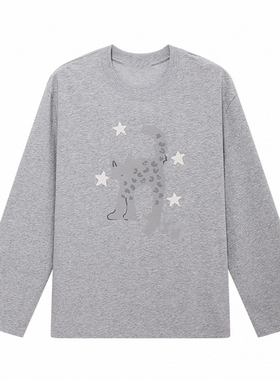 现货长袖T恤2025秋季新款猫猫印花灰色休闲上衣女3J3B506