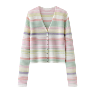 圆领单排扣条纹针织开衫 毛衣外套女3K1YE39 新款 现货2026春季