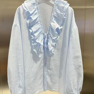 新款 現貨長袖 襯衫 2025夏季 上衣女3J2C402 浪漫荷葉邊V領薄款