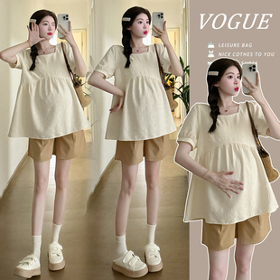 孕妇慵懒风套装夏装2026新款孕早期休闲短袖上衣女宽松短裤两件套