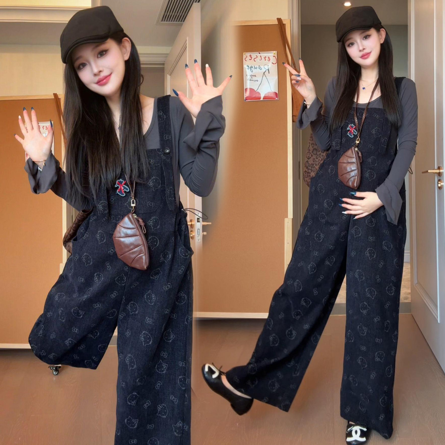 孕妇套装孕妈大码宽松遮肚不显怀上衣减龄背带裤两件套孕期外穿潮
