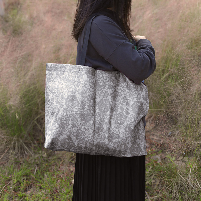 复古无纺布袋定做灰白色蕾丝玫瑰花服装衣服鞋盒购物袋环保袋批发