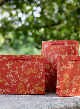 中式特产礼盒送礼购物年货曲奇礼品袋红色喜庆复古风金龙牛皮纸袋