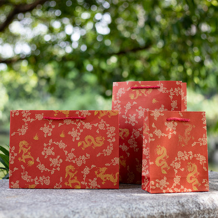 中式特产礼盒送礼购物年货曲奇礼品袋红色喜庆复古风金龙牛皮纸袋
