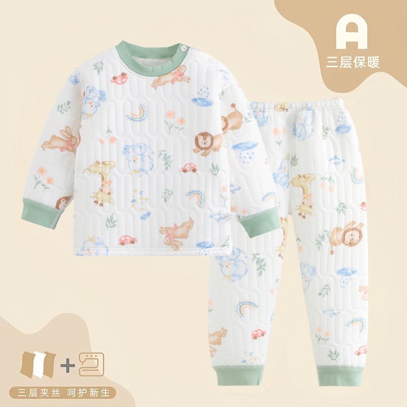 儿童夹棉睡衣宝宝三层保暖空气棉内衣男女小童家居服秋冬加厚套装