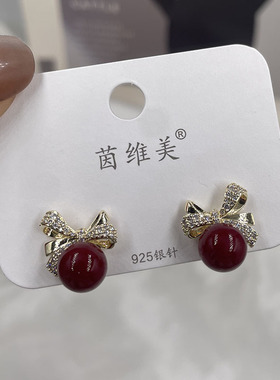 轻奢锆石高级感蝴蝶结银针耳环珍珠小众设计超闪耳钉气质耳饰耳坠