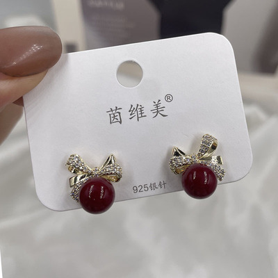 轻奢锆石高级感蝴蝶结银针耳环珍珠小众设计超闪耳钉气质耳饰耳坠