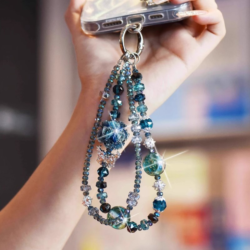 手机链女水晶花朵串珠挂件短款高级感手腕挂饰品户外旅游逛街防丢耳机挂链相机挂链奢华精致女士手工流苏水晶