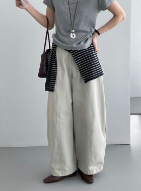u m由米设计感不对称斜门襟阔腿裤女春季休闲高腰直筒长裤休闲裤