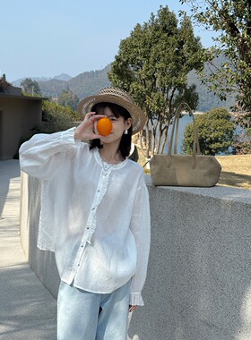 u m由米早春新款韩系木耳边天丝麻长袖设计感纽扣清新上衣小衫
