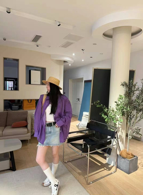 u m由米夏季新款韩系宽松休闲风韩系苎麻显白高品质紫色衬衫