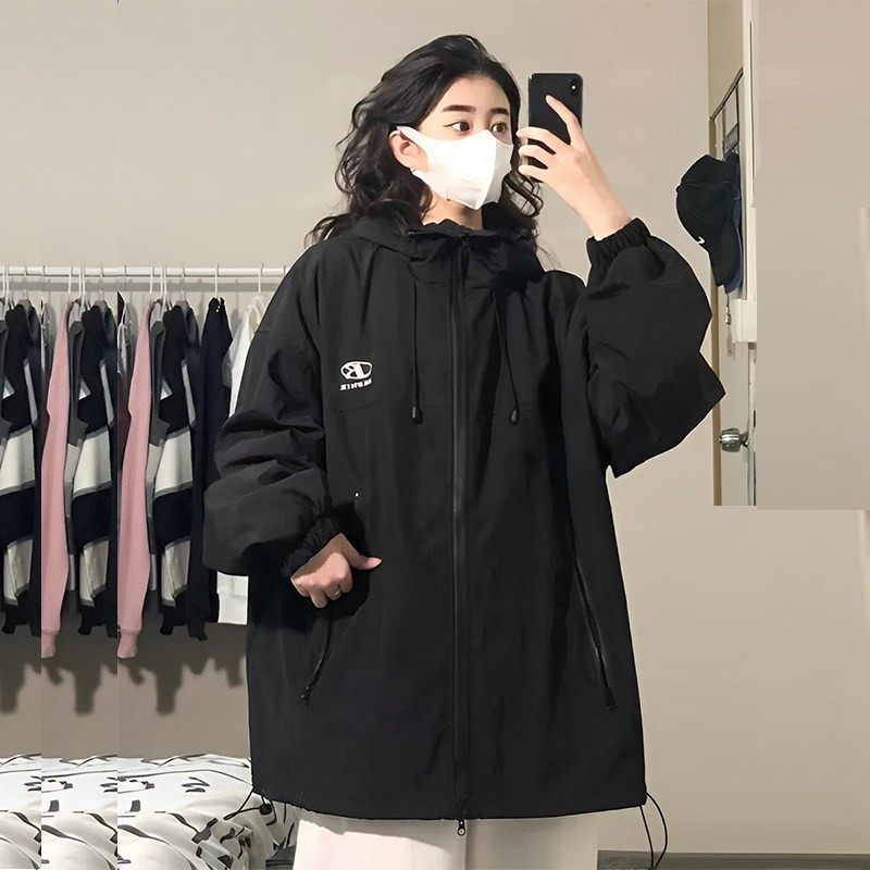 黑色美式冲锋衣外套女春秋款运动百搭防风学生薄款情侣夹克上衣潮