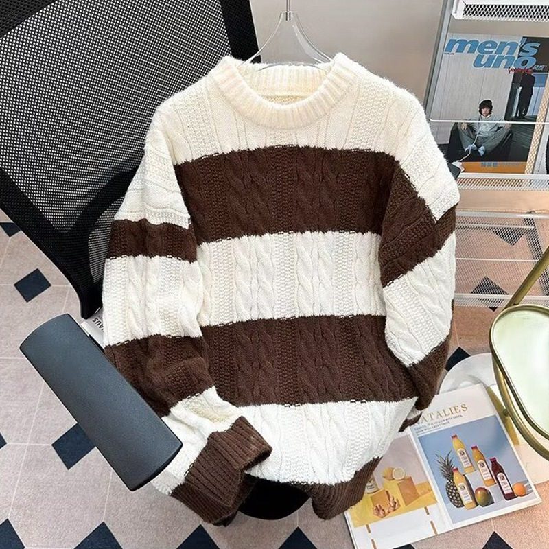 秋冬加厚条纹拼色毛衣男圆领套头休闲潮牌痞帅日系复古港风针织衫,男装,针织衫/毛衣,淘宝优惠券,粉丝福利购,淘宝优惠卷