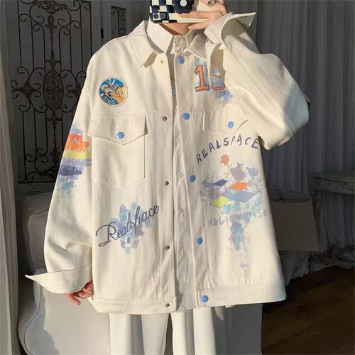 彩色印花翻领牛仔夹克男春秋外套
