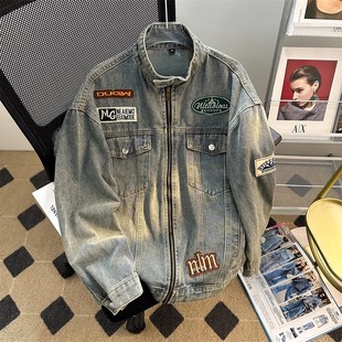 潮牌vibe痞帅宽松百搭拉链夹克衫 美式 春秋季 立领机车牛仔外套男款