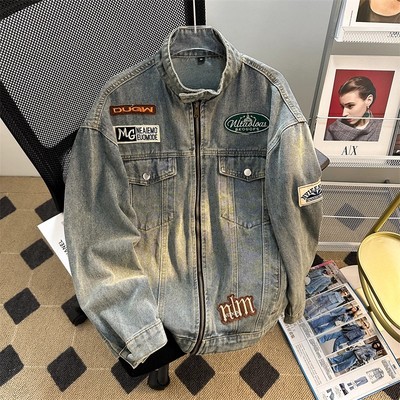 立领机车牛仔外套男款春秋季夹克