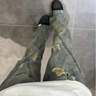 美式复古水洗做旧破洞牛仔裤男夏