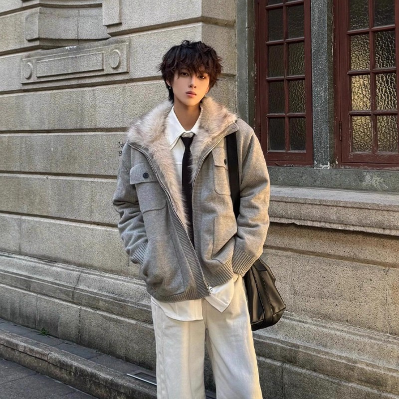 原创国潮美式复古貂毛领座山雕毛衣男女加厚加绒针织衫保暖棉外套