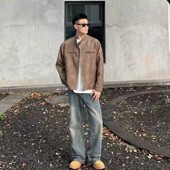 美拉德穿搭高街痞帅夹克男PU皮衣小众设计潮牌短款 外套男复古棕色