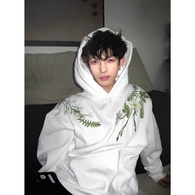 高街花卉刺绣连帽卫衣男款春秋季