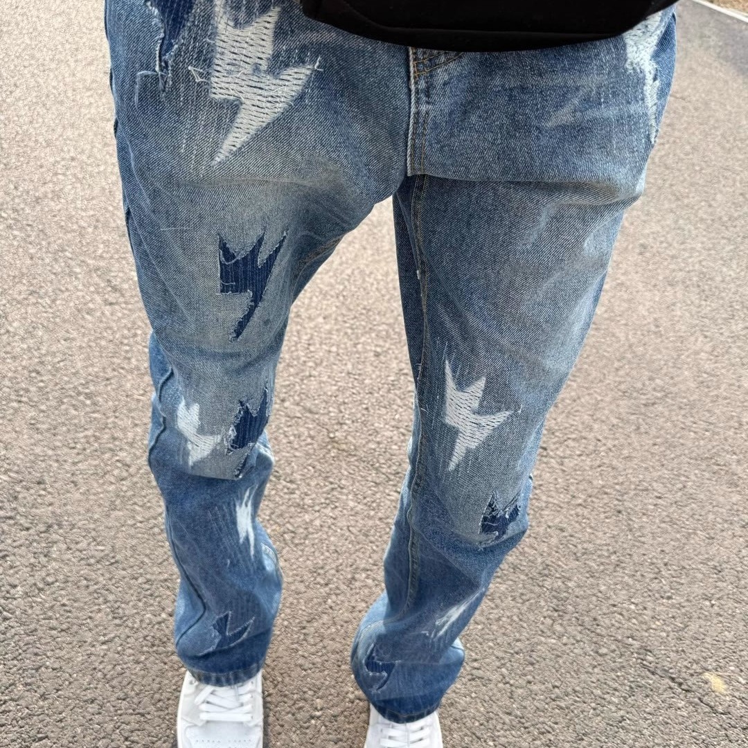 男新款破坏裂痕闪电直筒牛仔裤男