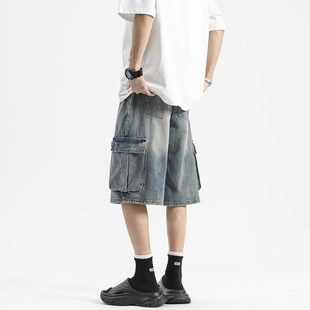 男款 牛仔裤 夏季 高街水洗大口袋短裤 子 美式 潮牌复古运动五分裤 工装