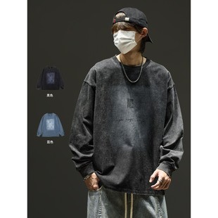 美式圆领春秋款纯棉大码男款长袖卫衣加肥加大体恤衫oversize潮流