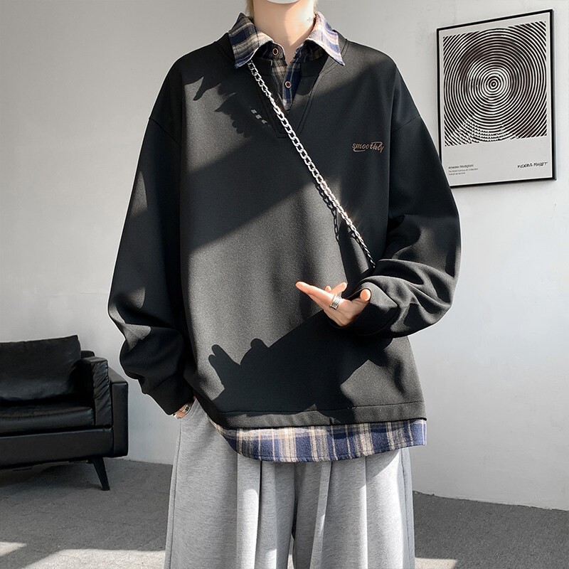 假两件衬衫领卫衣男春秋季美式潮