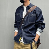 复古休闲宽松条纹牛仔长袖 衬衫 男春秋季 美式 潮牌男装 百搭衬衣外套