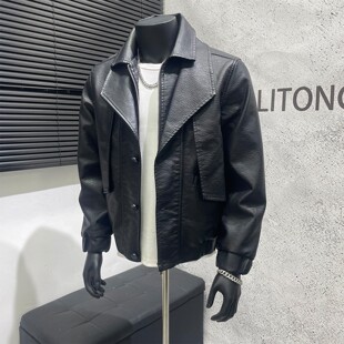 皮衣秋装 假两件外套男士 超火男装 2025新款 高级感痞帅机车夹克 秋季
