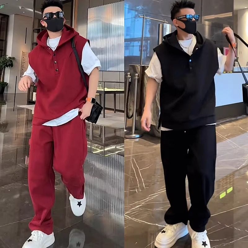 夏季新款300斤休闲运动套装男潮流大码宽松连帽马甲直筒裤两件套,男装,休闲运动套装,淘宝优惠券,粉丝福利购,淘宝优惠卷