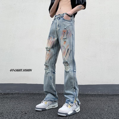 美式扎染破洞牛仔裤男款秋季设计