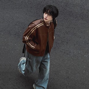 美式 复古条纹廓形美拉德皮衣外套男春秋高级感小众正肩PU夹克