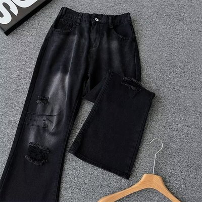 CurlyByNature美式复古做旧破洞黑灰渐变垂坠感牛仔裤阔腿长裤